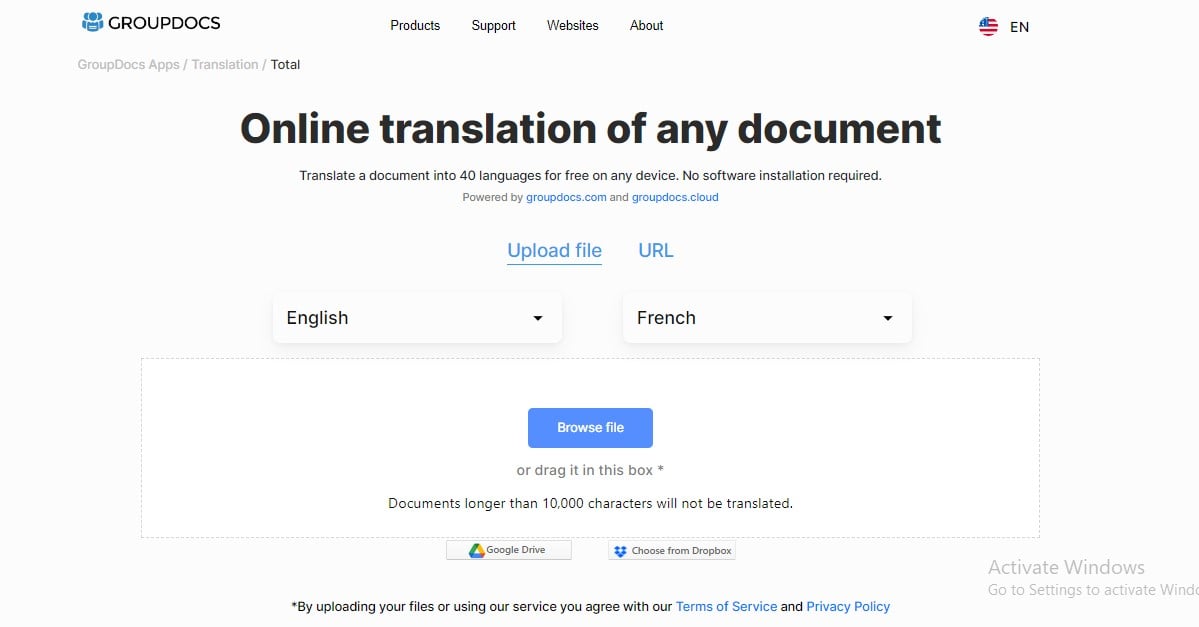 Интерфейс GroupDocs для перевода PDF