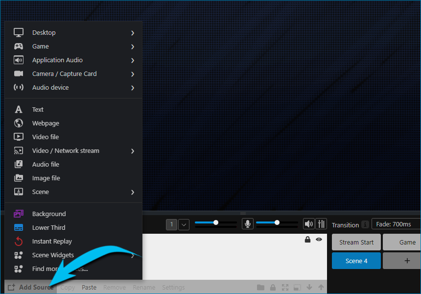 Меню Add Source в XSplit Broadcaster