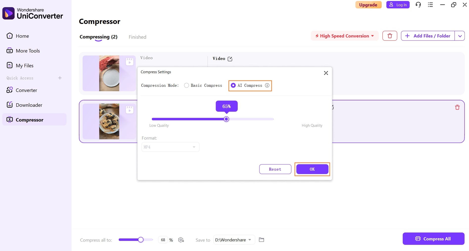 AI Compress в Wondershare UniConverter