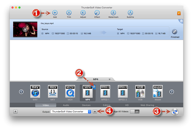 Главное окно ThunderSoft Video Converter for Mac с кнопками Add, Trim, Adjust, Effect, Watermark и Subtitle