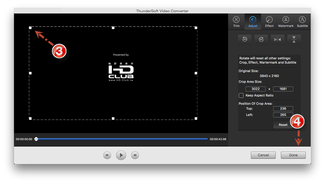 Окно Adjust в ThunderSoft Video Converter for Mac с crop area size и настройкой области кадра