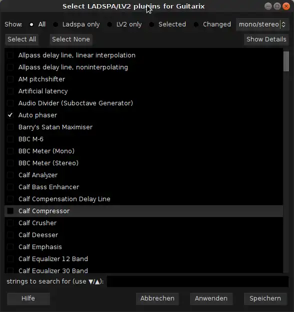 Окно выбора LADSPA/LV2-плагинов в Guitarix