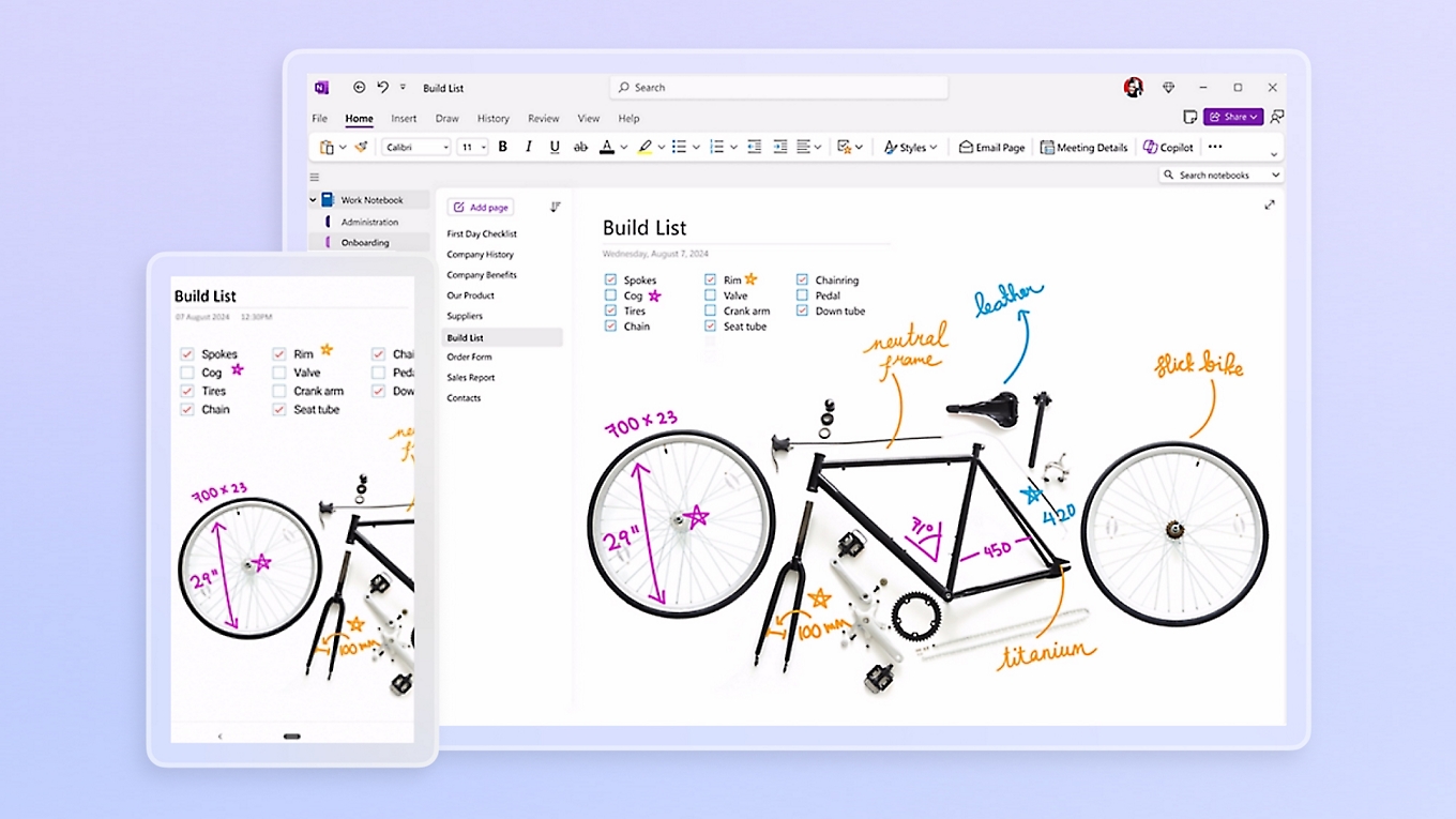 Интерфейс Microsoft OneNote с блокнотом, разделами, страницами и заметкой