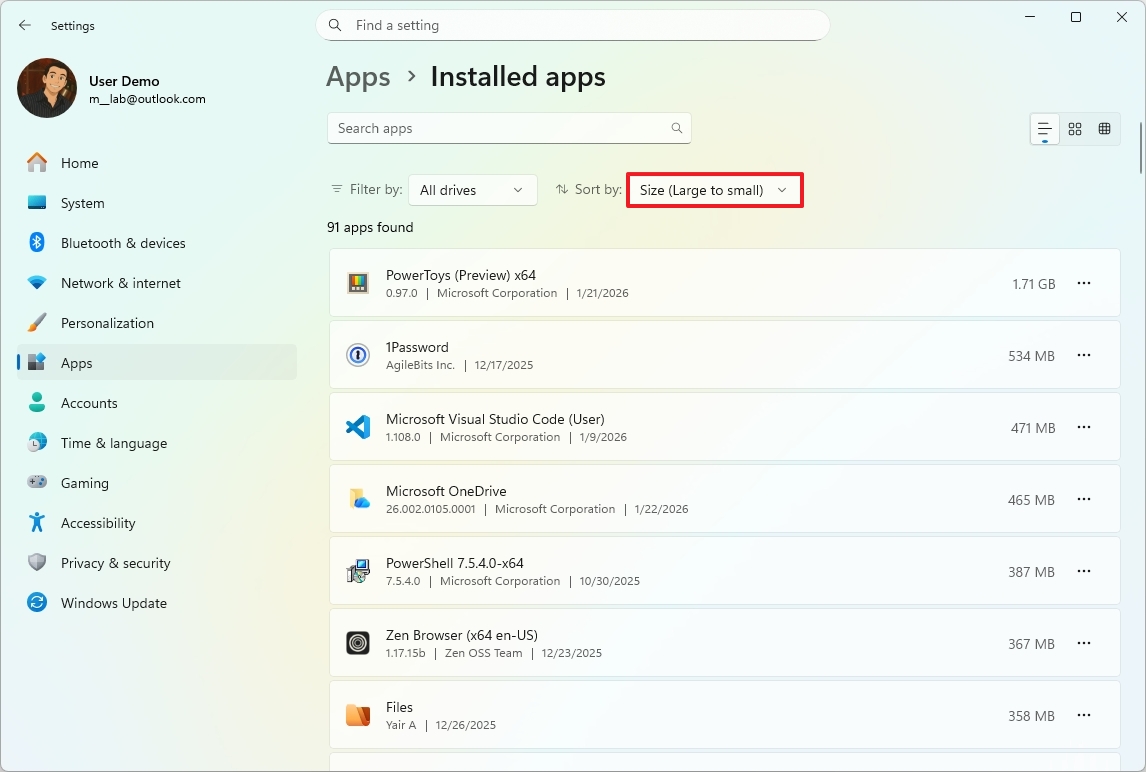 Установленные приложения по размеру