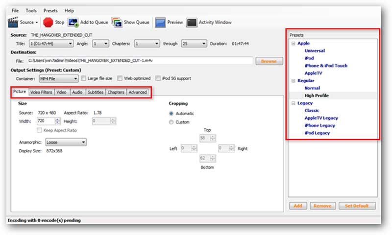 Интерфейс HandBrake при работе с DVD