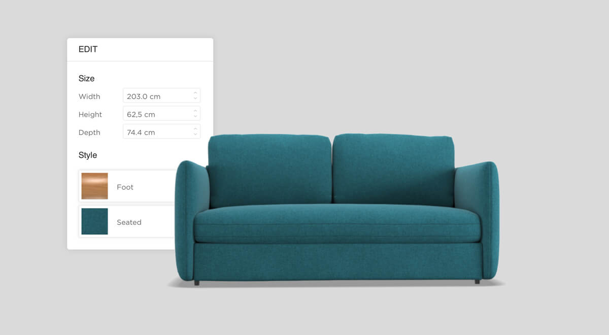 Панель Edit в HomeByMe для изменения размеров и отделки мебели