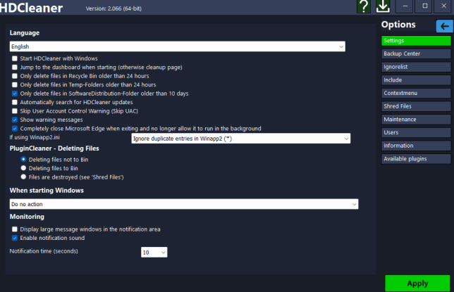 Раздел Options в HDCleaner