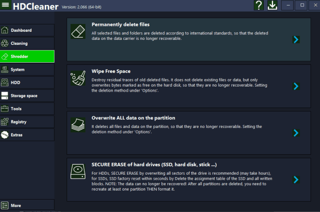 Раздел Shredder в HDCleaner