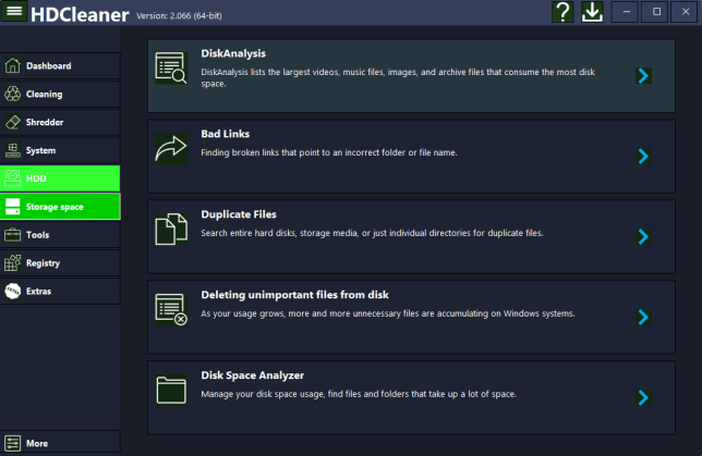 Раздел Storage space в HDCleaner