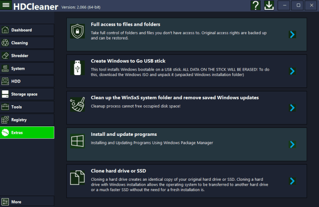 Раздел Extras в HDCleaner