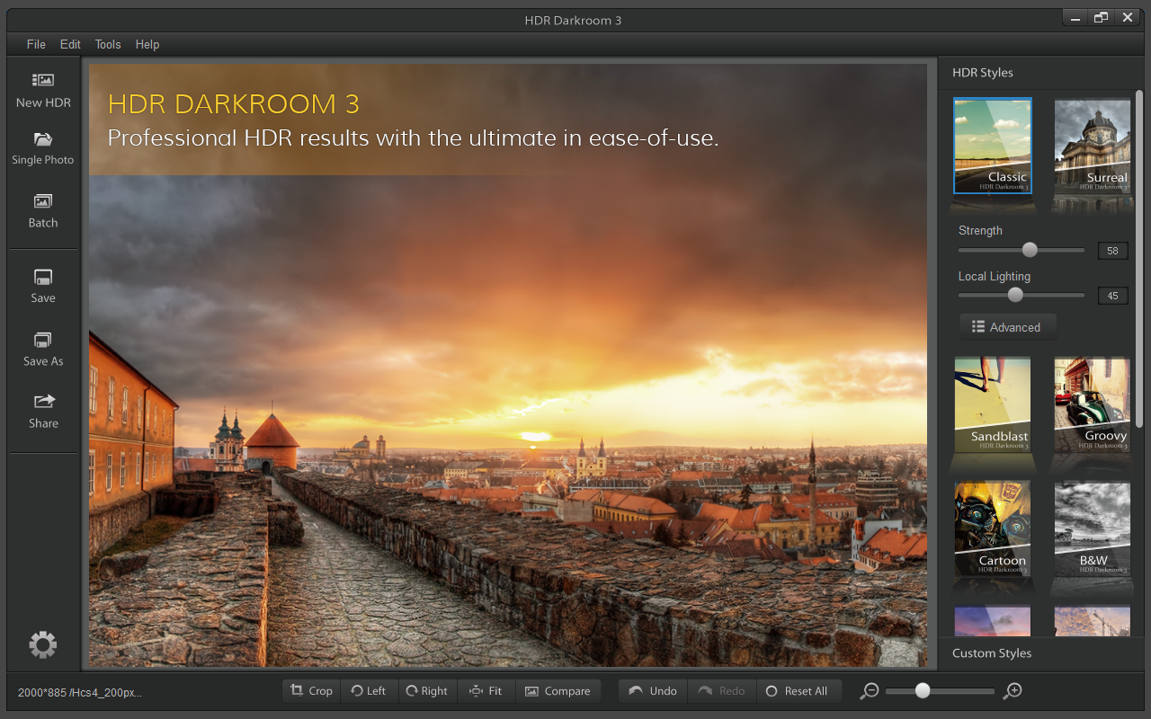 Главное окно HDR Darkroom 3 с панелью HDR Styles и кнопками New HDR, Single Photo, Batch, Save, Save As, Share