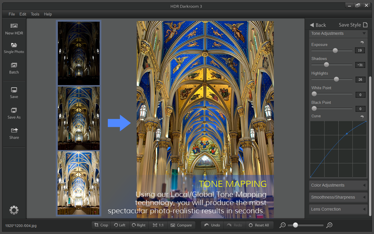 Tone Mapping в HDR Darkroom 3: слева три экспозиции, в центре итоговая HDR-обработка, справа Tone Adjustments