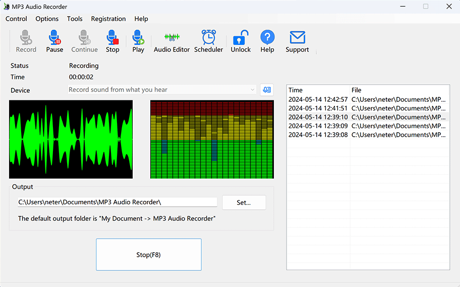 Главное окно MP3 Audio Recorder во время записи системного звука