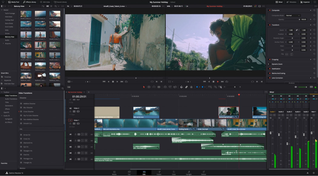 Интерфейс DaVinci Resolve с медиабиблиотекой, предпросмотром, таймлайном и микшером