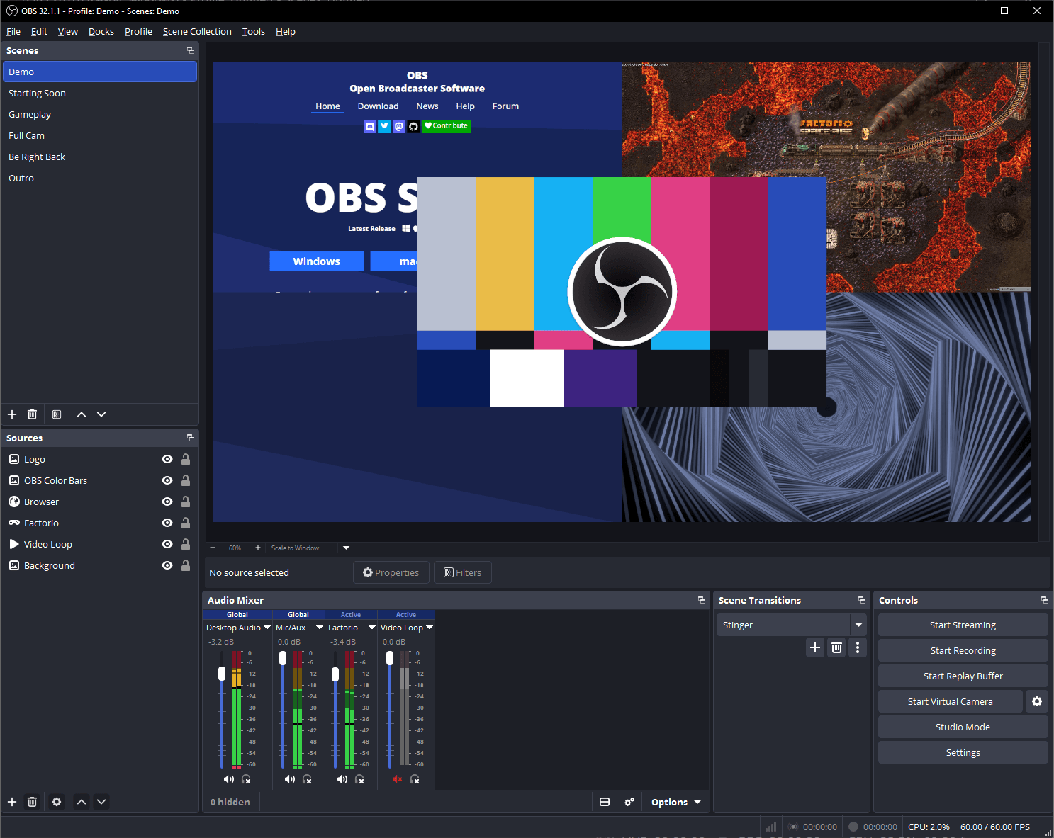 Скриншот OBS Studio с микшером аудио