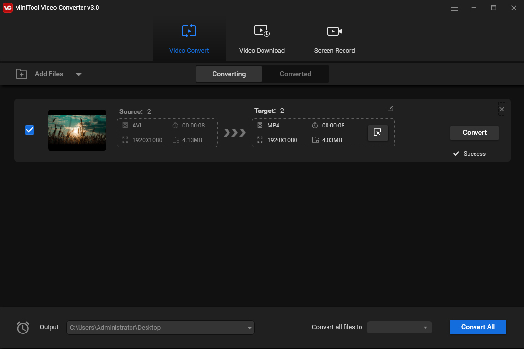 Конвертация HEVC в MP4 в MiniTool Video Converter