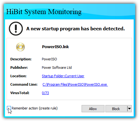 Окно HiBit System Monitoring с предупреждением о новой программе в автозагрузке