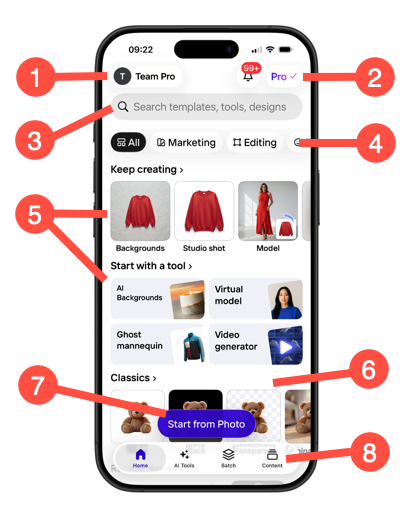 Главный экран PhotoRoom на iPhone