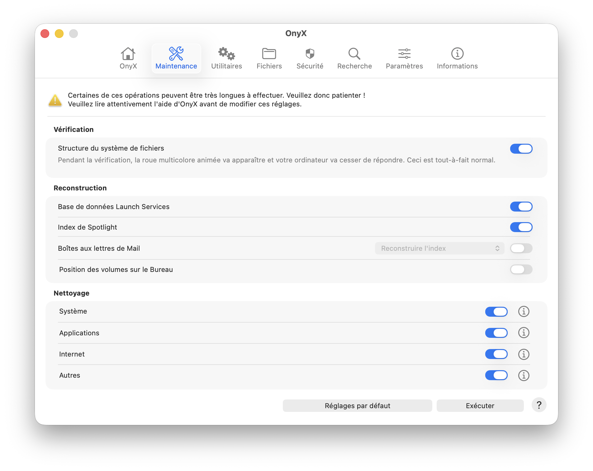 Интерфейс панели Maintenance