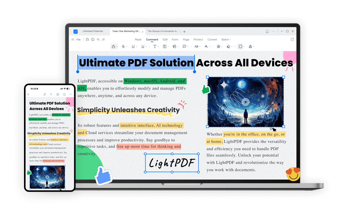 Интерфейс LightPDF на десктопе и мобильном устройстве