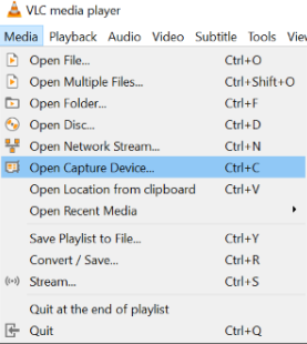 Пункт Open Capture Device в VLC Media Player