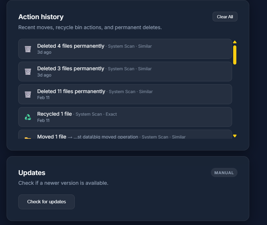 Action history и Updates в PictureEcho