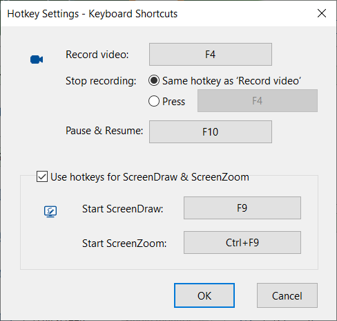 Окно Hotkey Settings в AutoScreenRecorder 5