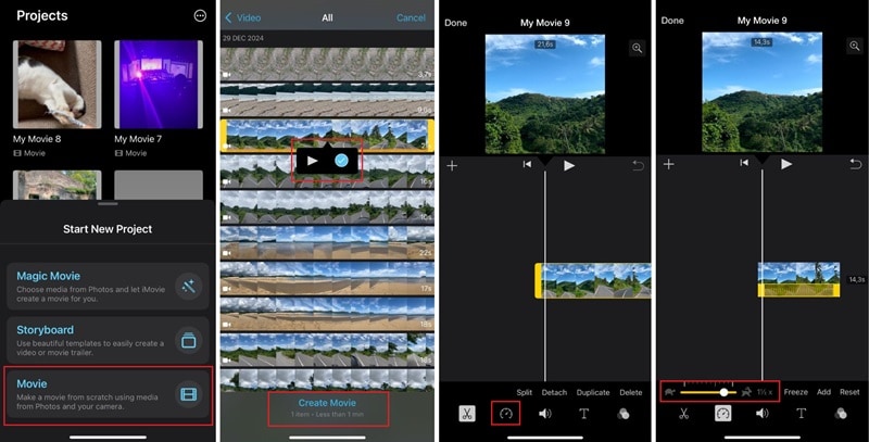 Изменение скорости видео в iMovie на iPhone