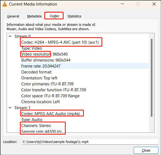 Окно Current Media Information в VLC Media Player
