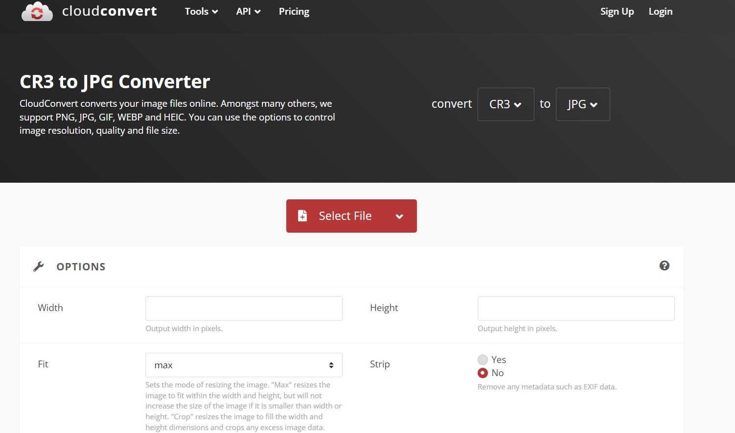 CloudConvert — интерфейс конвертации CR3 в JPG