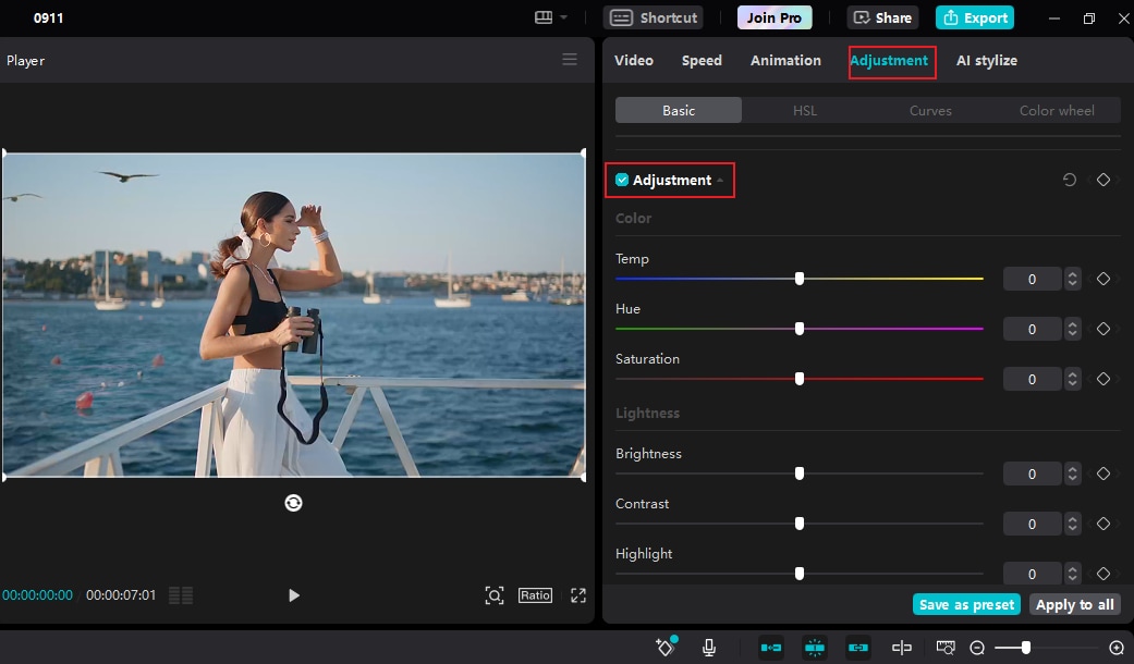 Панель настройки изображения в CapCut