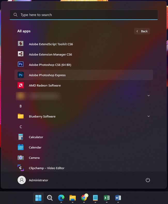 Список приложений в меню Пуск Windows 11