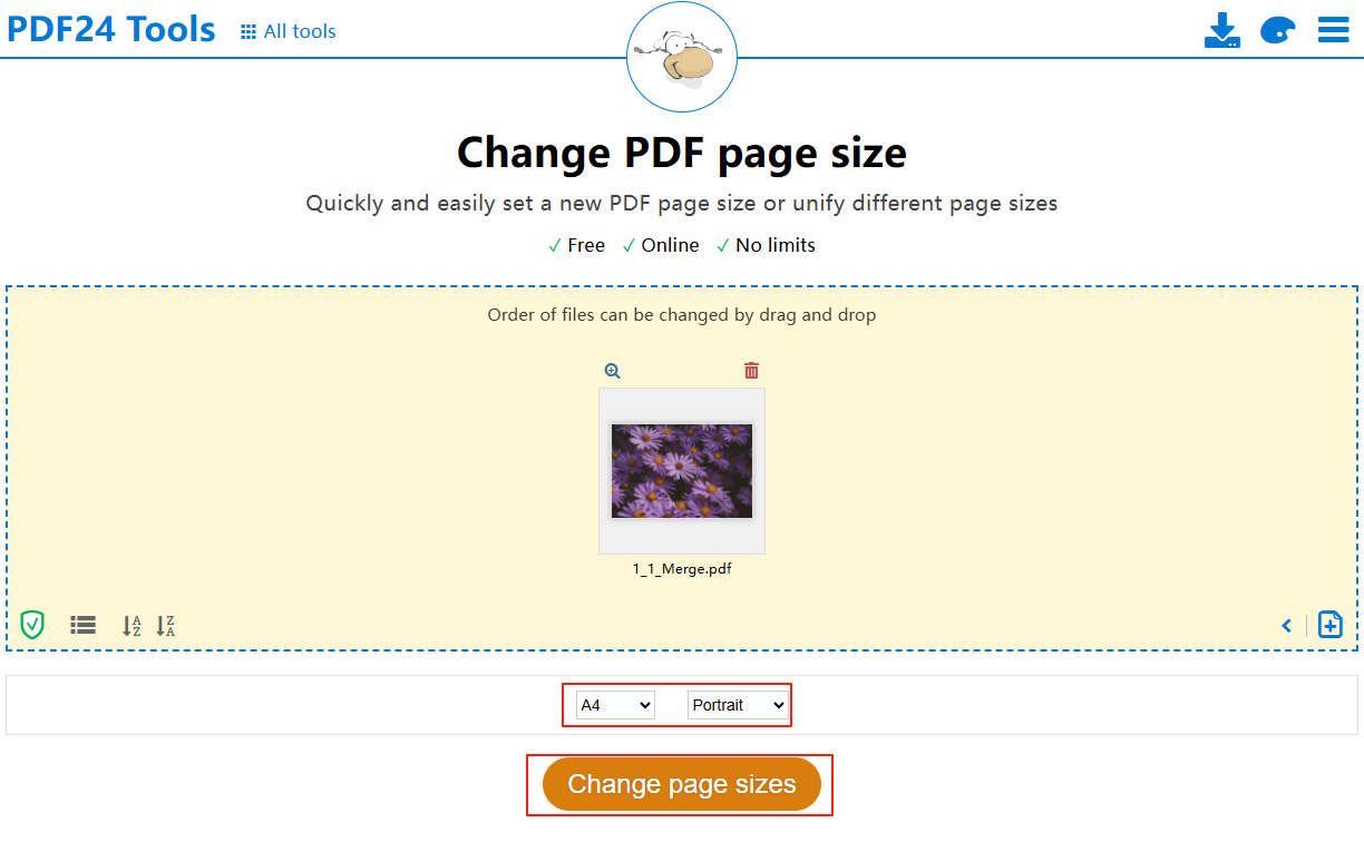 Change PDF page size в PDF24 Tools