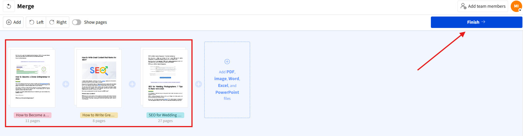 Объединение PDF в Smallpdf