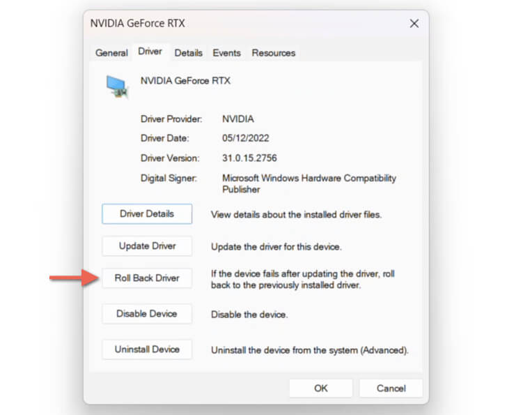 Кнопка отката драйвера во вкладке Driver