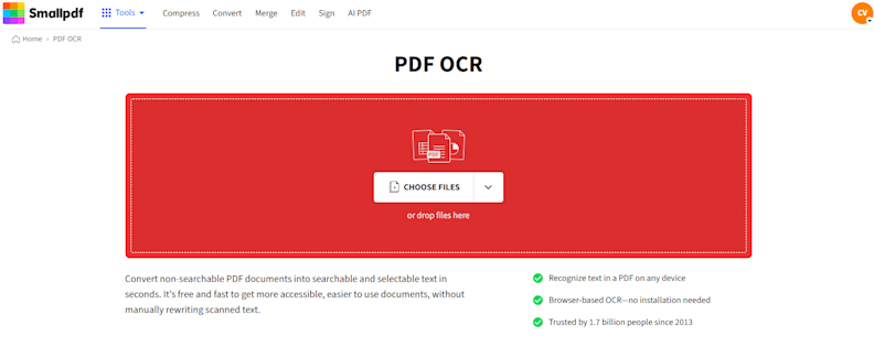 Окно загрузки файла в Smallpdf PDF OCR