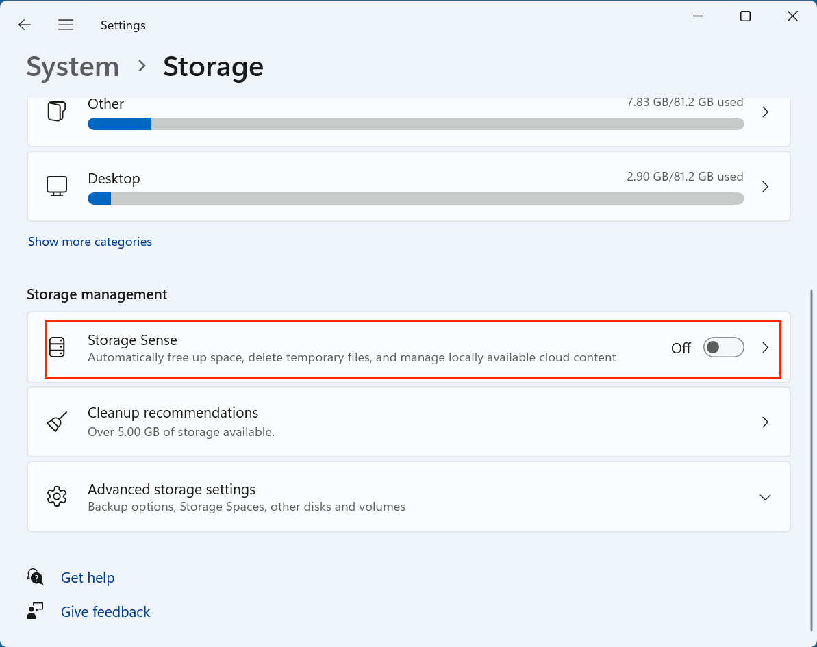 Storage Sense в разделе System > Storage