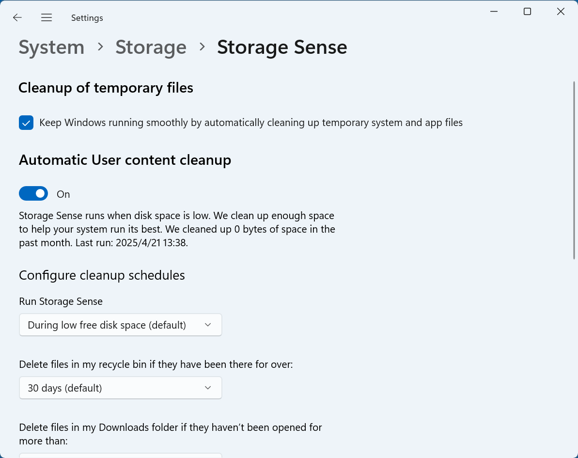 Страница настроек Storage Sense в Windows 11