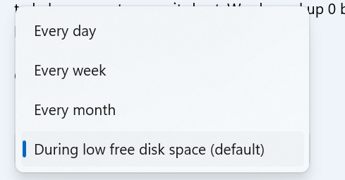 Выпадающий список Run Storage Sense