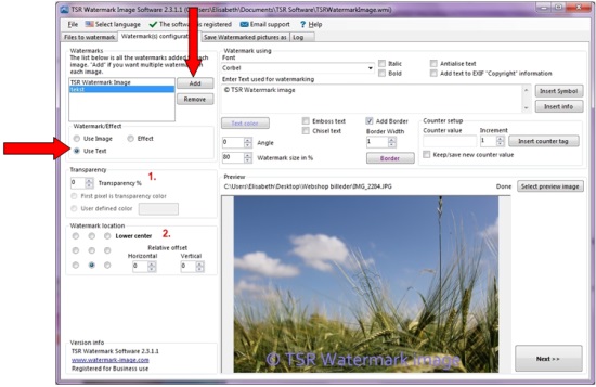 Настройка текстового watermark в TSR Watermark Image Software