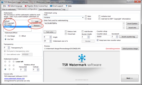 Окно настройки watermark-профилей в TSR Watermark Image Software