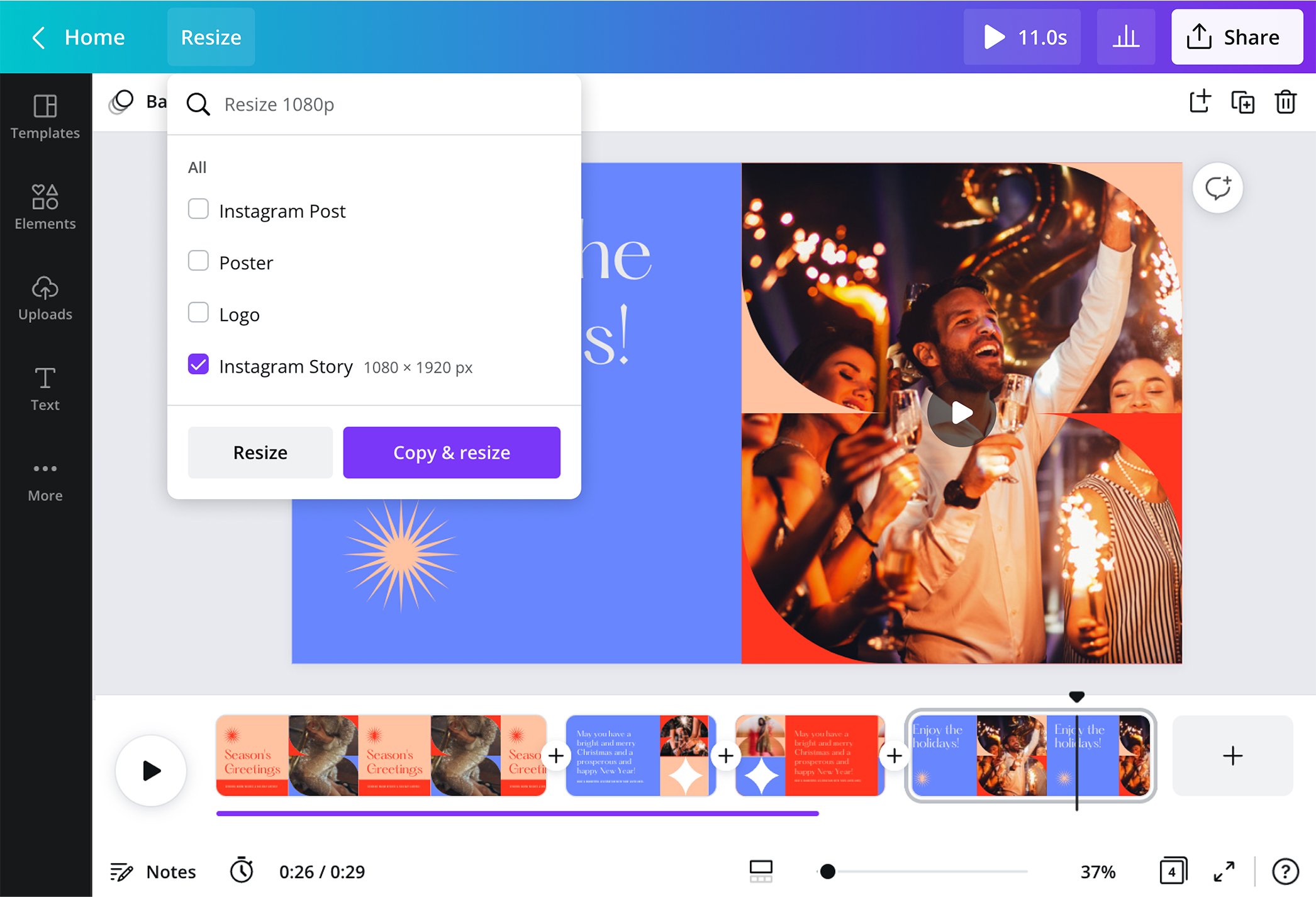 Изменение размера видео в Canva