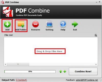 Главное окно PDF Combine с кнопками Add и Add Folder