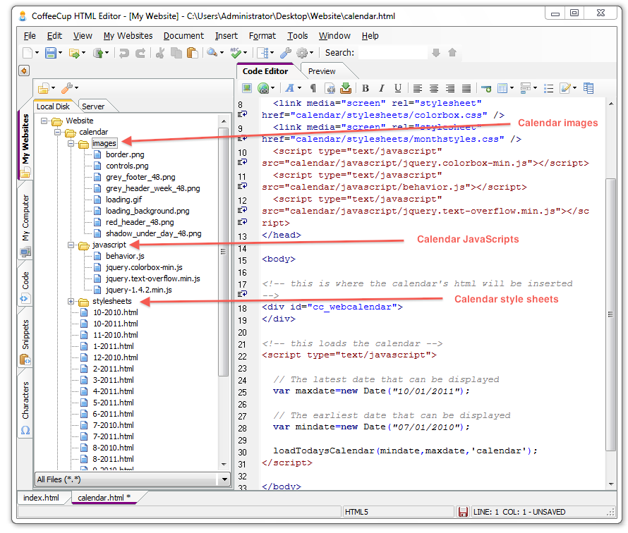 Файлы календаря в структуре сайта