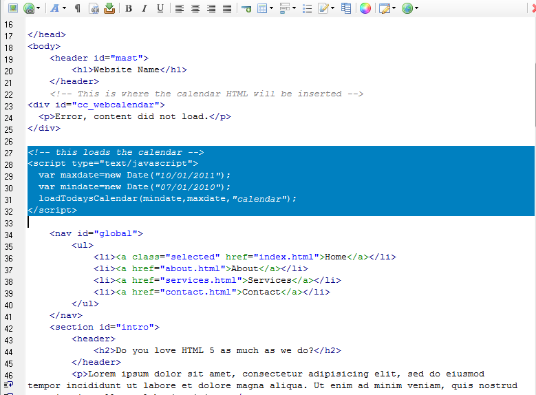 Вставка контейнера и скрипта календаря в body