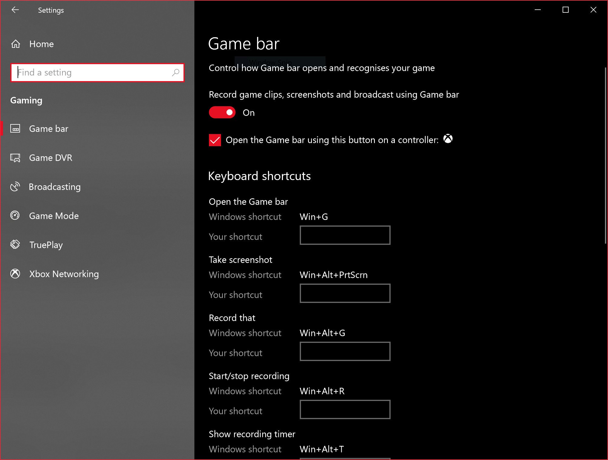 Раздел включения Xbox Game Bar в параметрах Windows