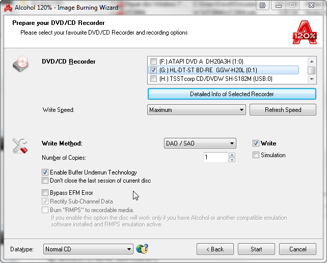 Alcohol 120% — выбор параметров записи в Image Burning Wizard