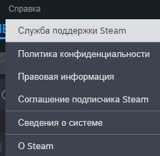 Пункт поддержки Steam внутри клиента