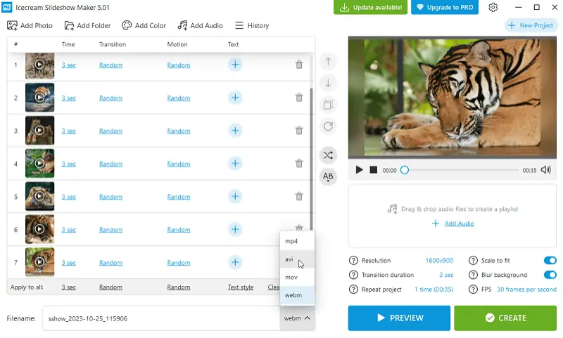 Выбор формата экспорта MP4, AVI, MOV или WebM в Icecream Slideshow Maker