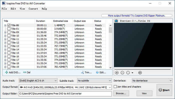 Icepine Free DVD to AVI Converter: выбор DVD и глав